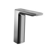 Polished chrome touchless bathroom faucet with tall cylindrical body and curved spout.