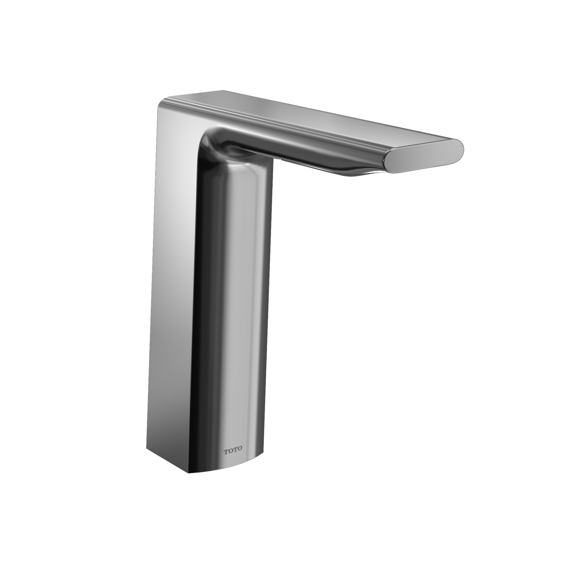 Polished chrome touchless bathroom faucet with curved spout and rectangular base.