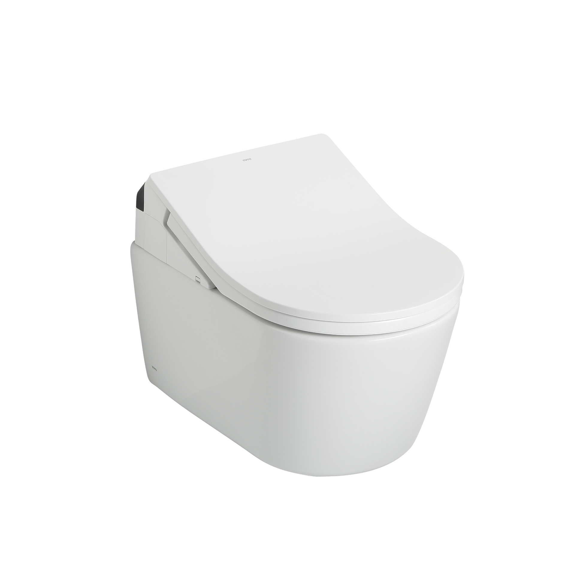 White D-shaped electronic bidet toilet seat with integrated control panel on left side.