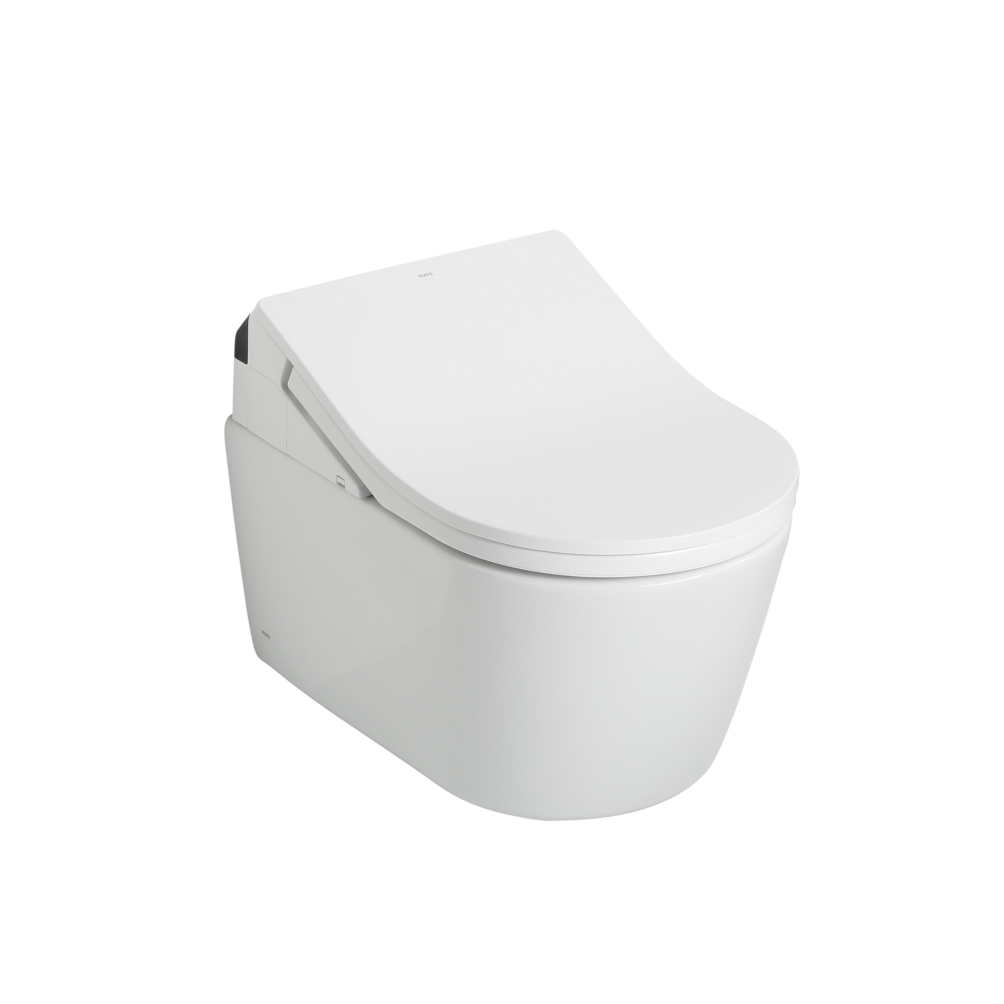 White D-shaped electronic bidet toilet seat with integrated control panel on left side.