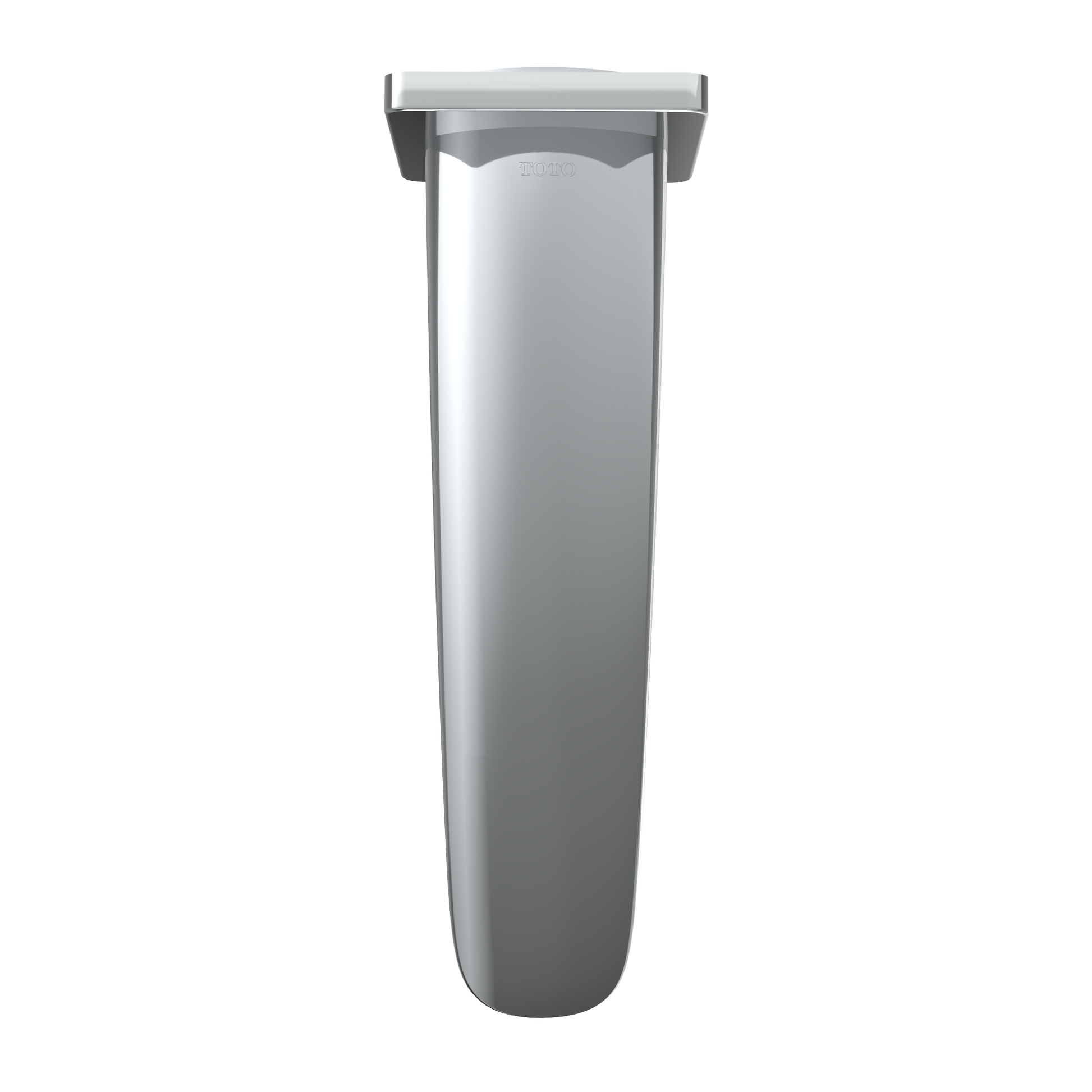 Polished chrome wall-mounted tub spout with curved cylindrical body and rectangular mounting flange.