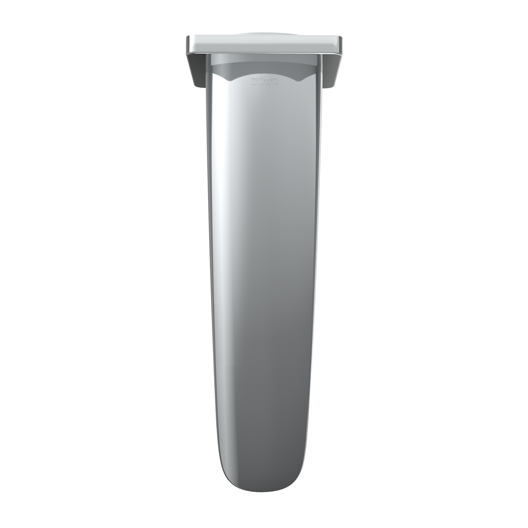 Polished chrome wall-mounted tub spout with curved cylindrical body and rectangular mounting flange.