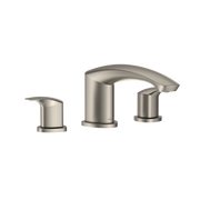 Brushed nickel two-handle deck-mount roman tub filler with curved spout and cylindrical handles.