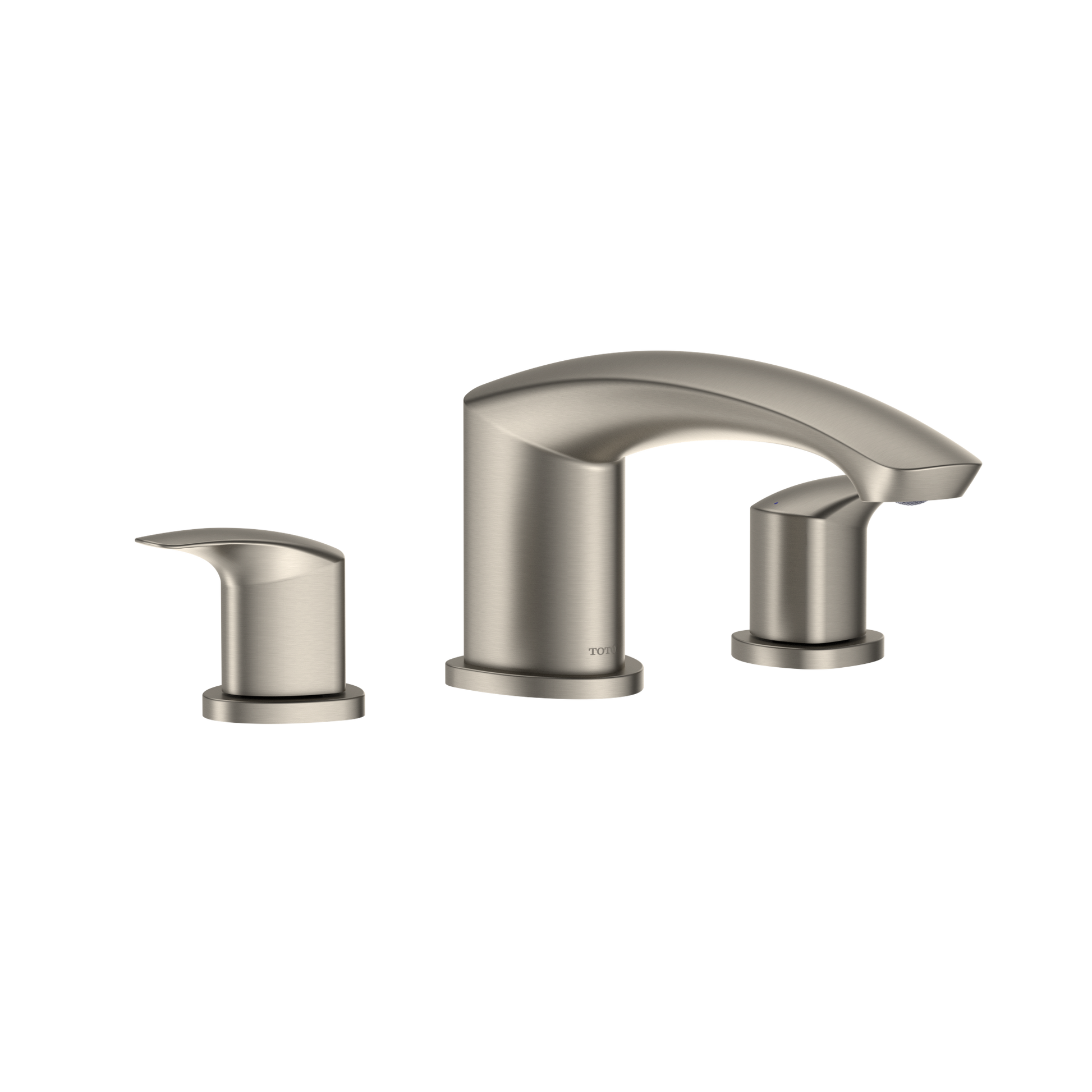 Brushed nickel two-handle deck-mount roman tub filler with curved spout and cylindrical handles.