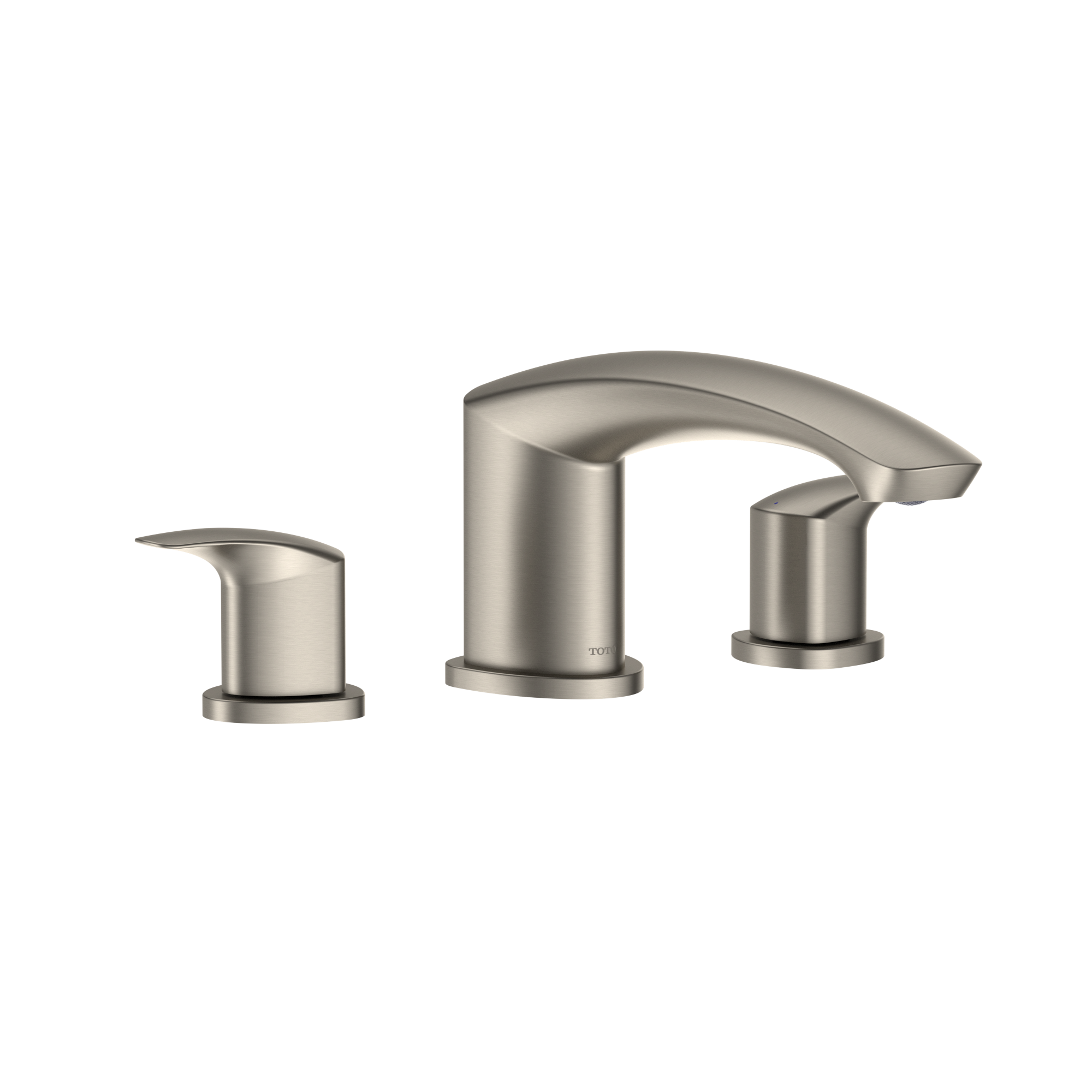 Brushed nickel two-handle deck-mount roman tub filler with curved spout and cylindrical handles.