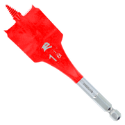 Red spade bit with flat, wide blade and gray metal shaft with hex shank end.