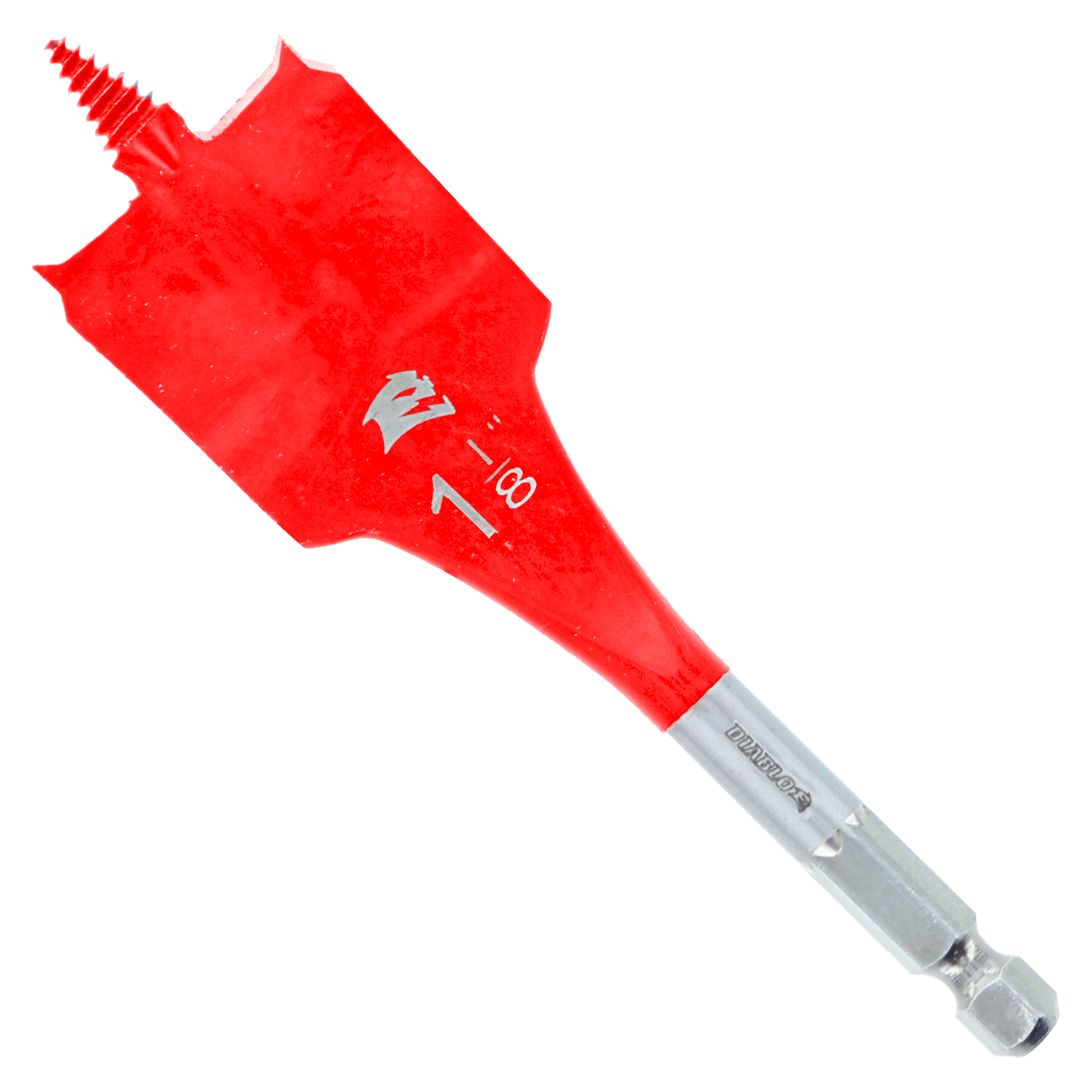 Red spade bit with flat, wide blade and gray metal shaft with hex shank end.