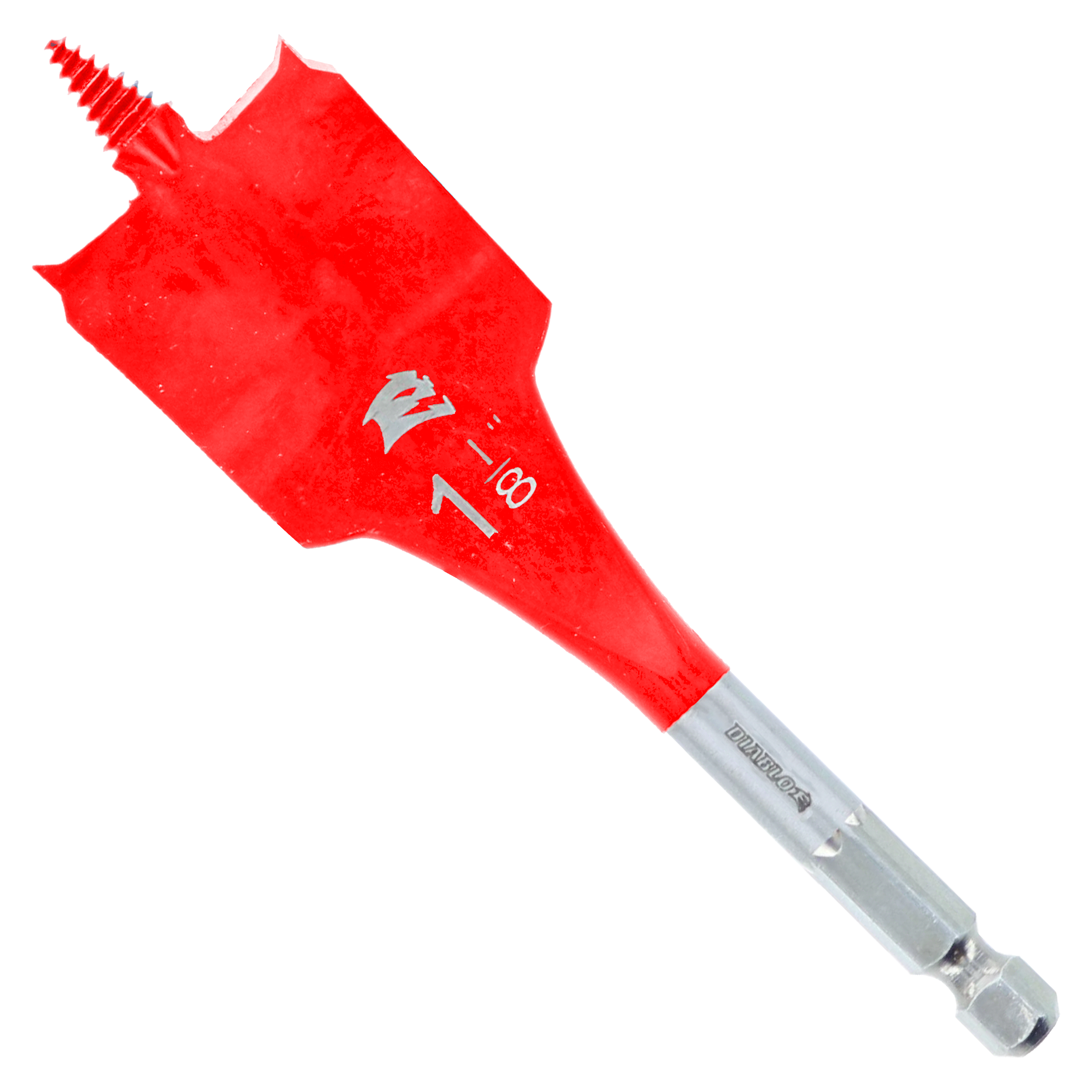 Red spade bit with flat, wide blade and gray metal shaft with hex shank end.