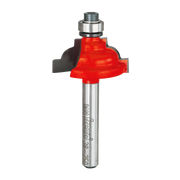 Red classical cove router bit with steel shaft and ball bearing guide on top.