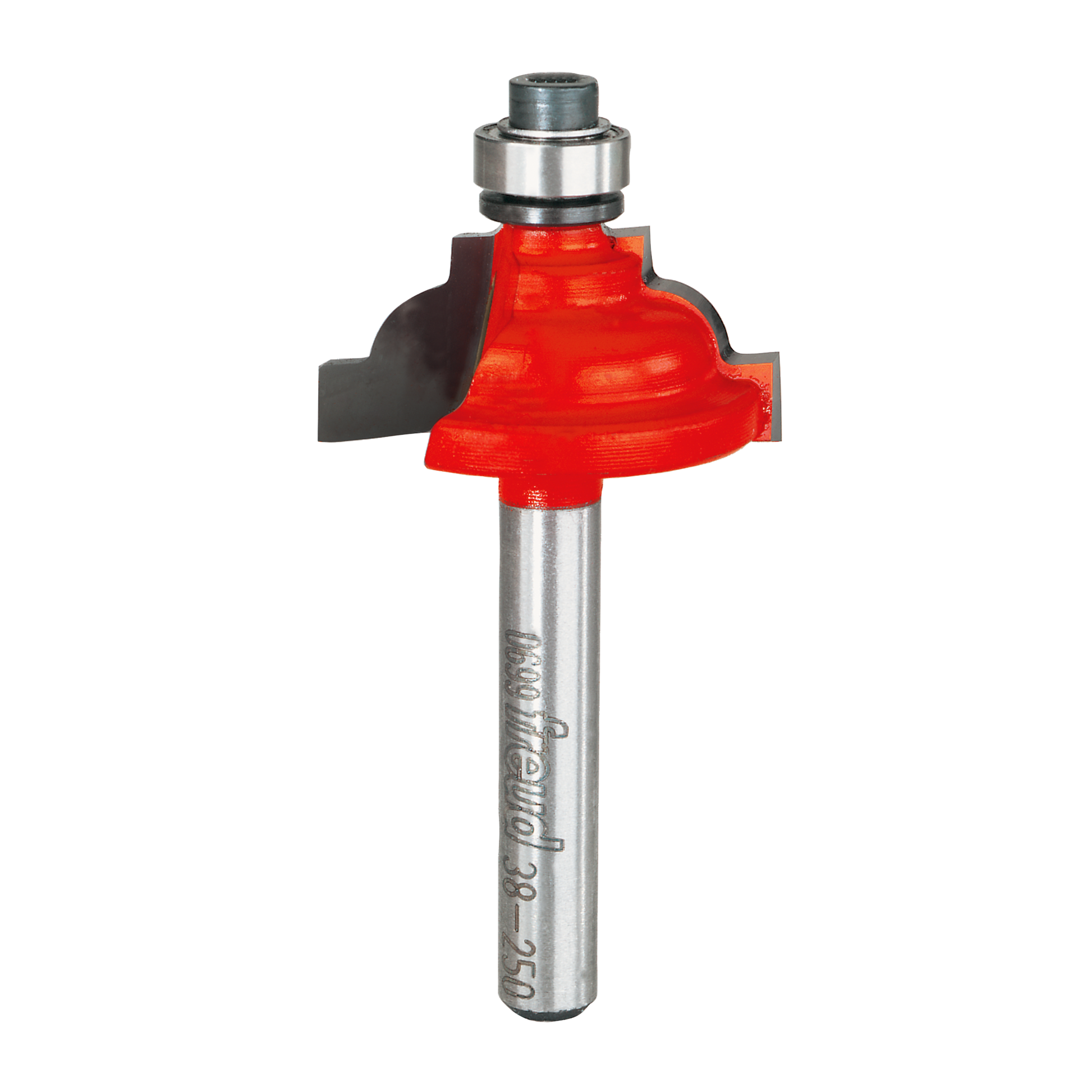 Red classical cove router bit with steel shaft and ball bearing guide on top.