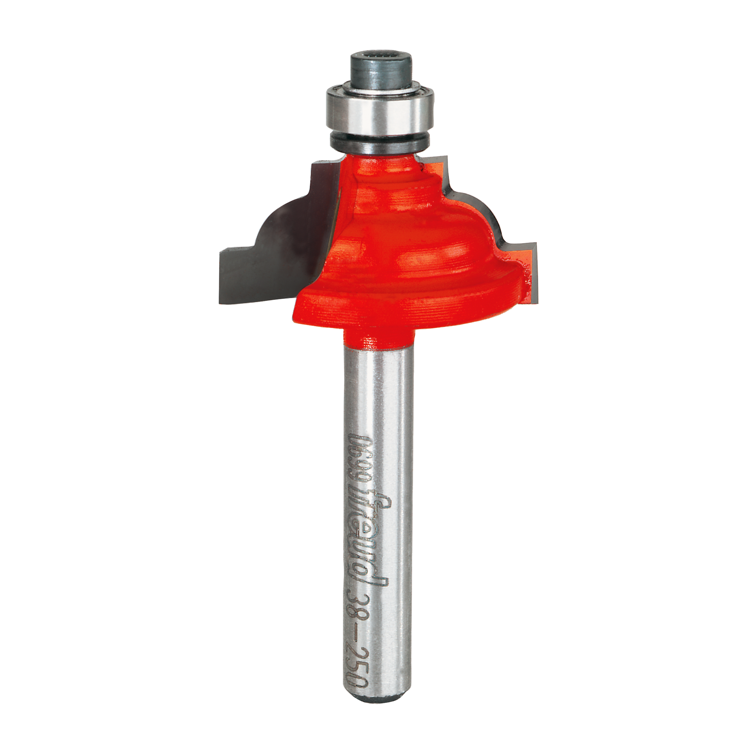 Red classical cove router bit with steel shaft and ball bearing guide on top.