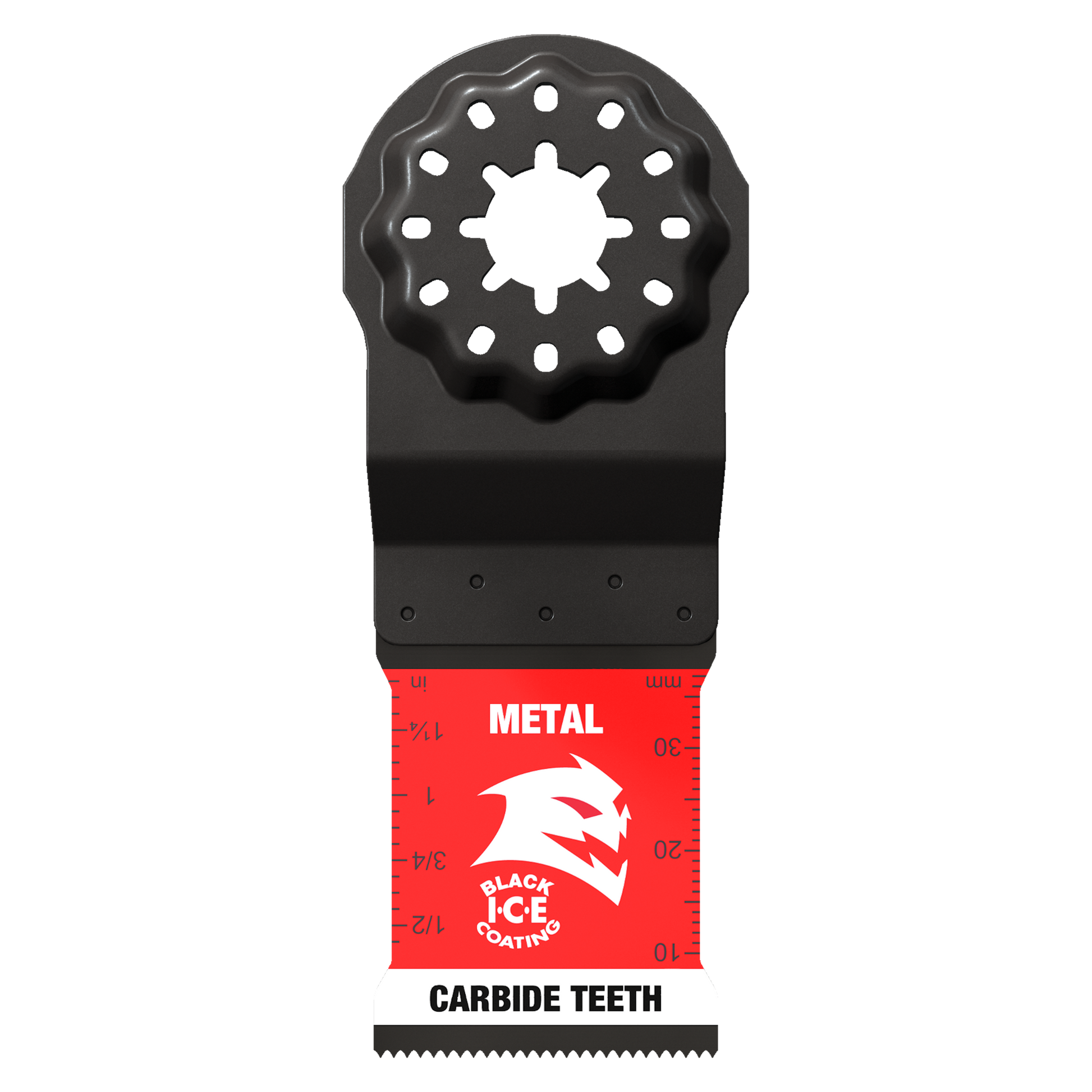 Black and red oscillating blade with Starlock connection, carbide teeth, and perforated cutting head for metal.