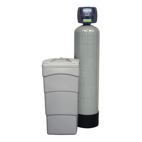 Two-tank water softener system with gray resin tank and tall mineral tank topped with digital control head.