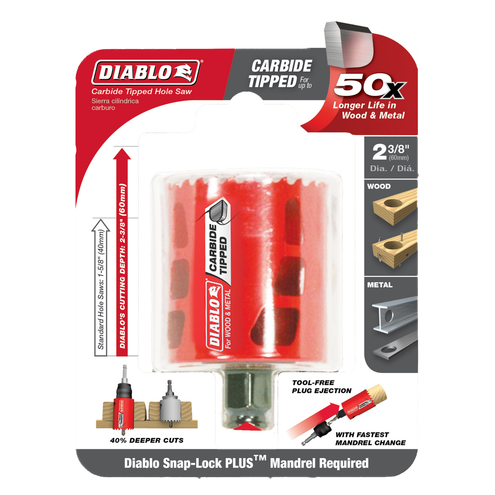 Diablo carbide-tipped holesaw with red packaging showing 2-3/8 inch diameter bit, mandrel, and product specifications for woo