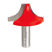 Red ovolo router bit with gray metal shank and curved cutting profile for edge routing.