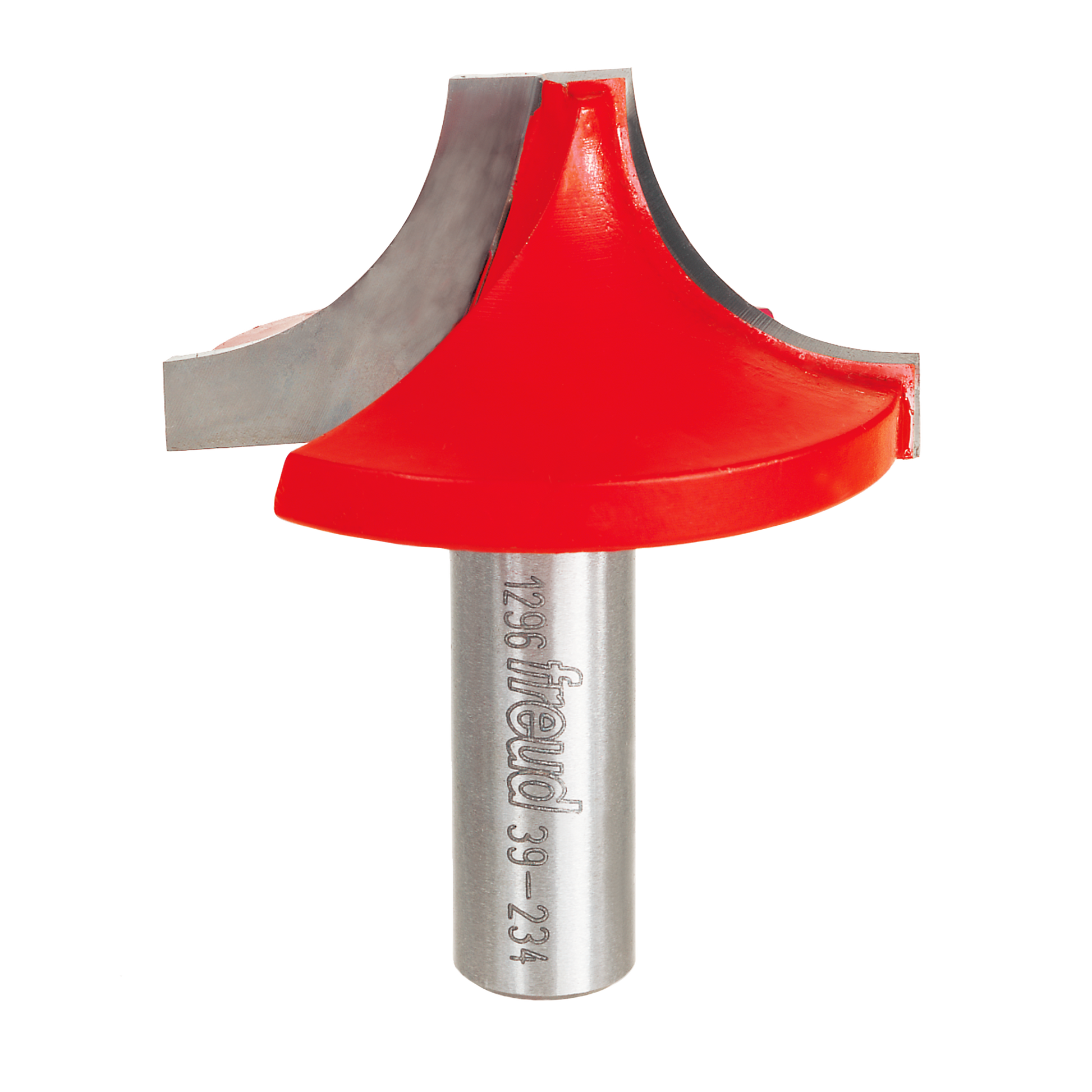 Red ovolo router bit with gray metal shank and curved cutting profile for edge routing.