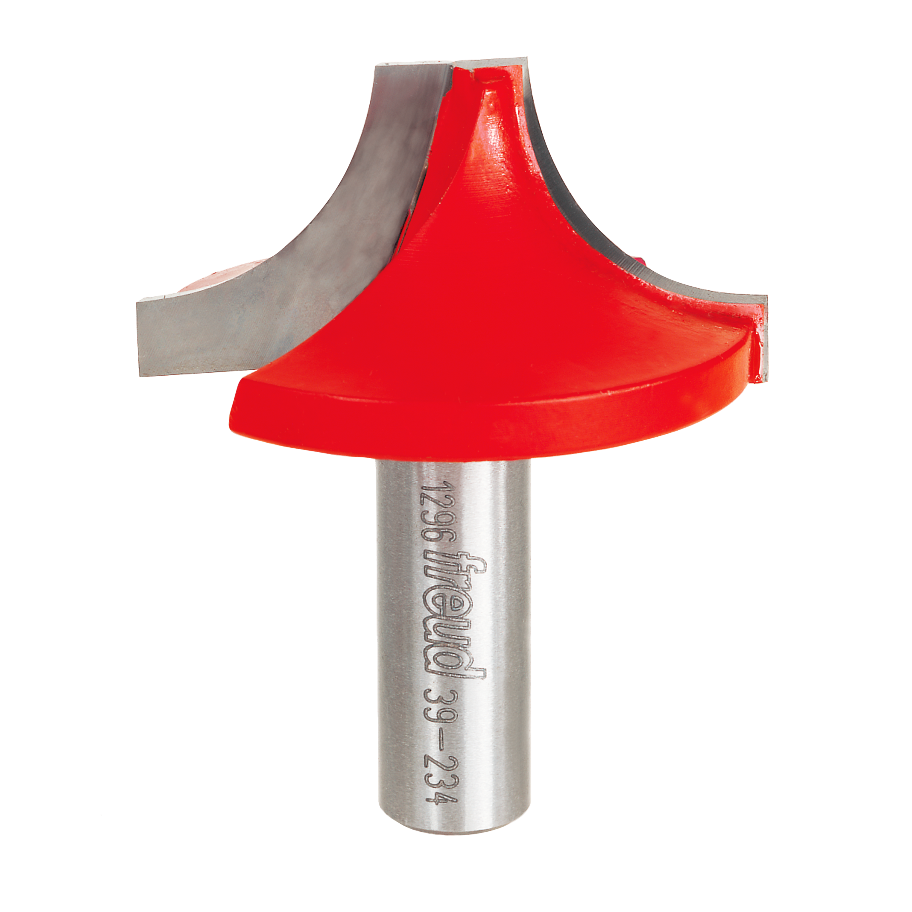 Red ovolo router bit with gray metal shank and curved cutting profile for edge routing.