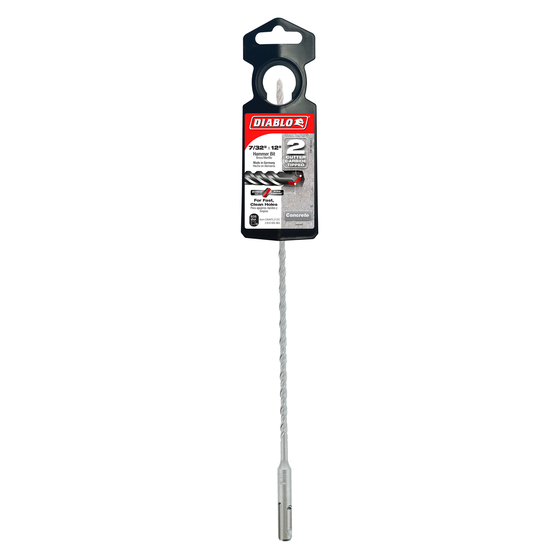 Diablo SDS-Plus rotary hammer drill bit with black packaging and gray spiral flutes.