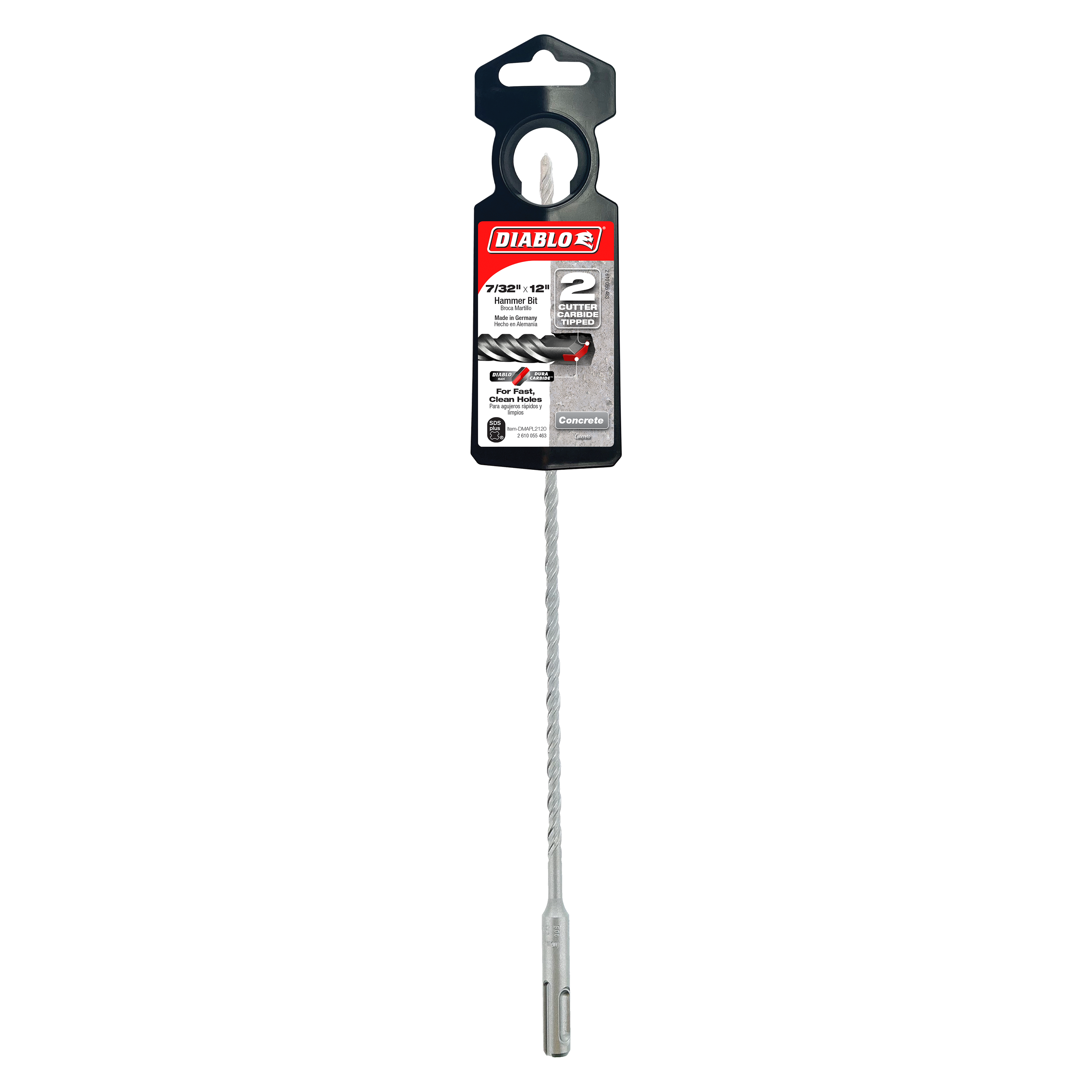 Diablo SDS-Plus rotary hammer drill bit with black packaging and gray spiral flutes.