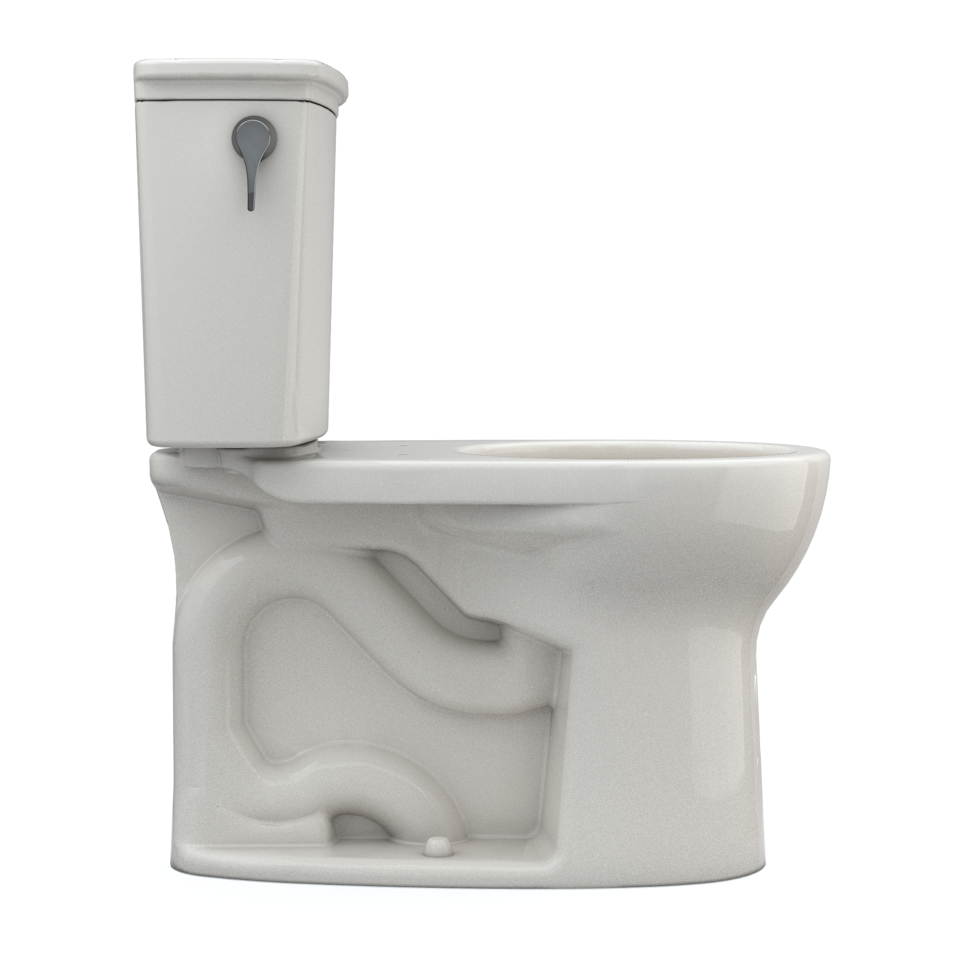 Sedona Beige two-piece round toilet with tank, lever handle, and curved bowl design shown from side angle.