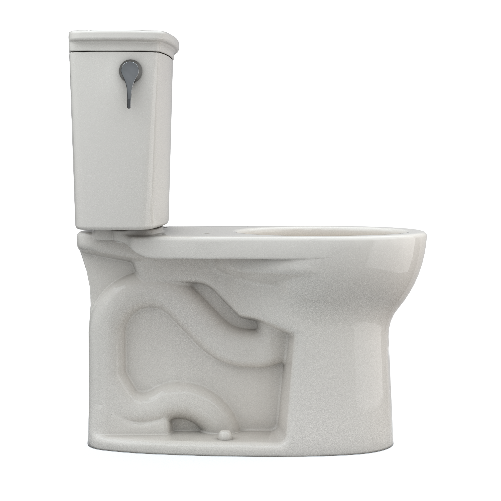 Sedona Beige two-piece round toilet with tank, lever handle, and curved bowl design shown from side angle.