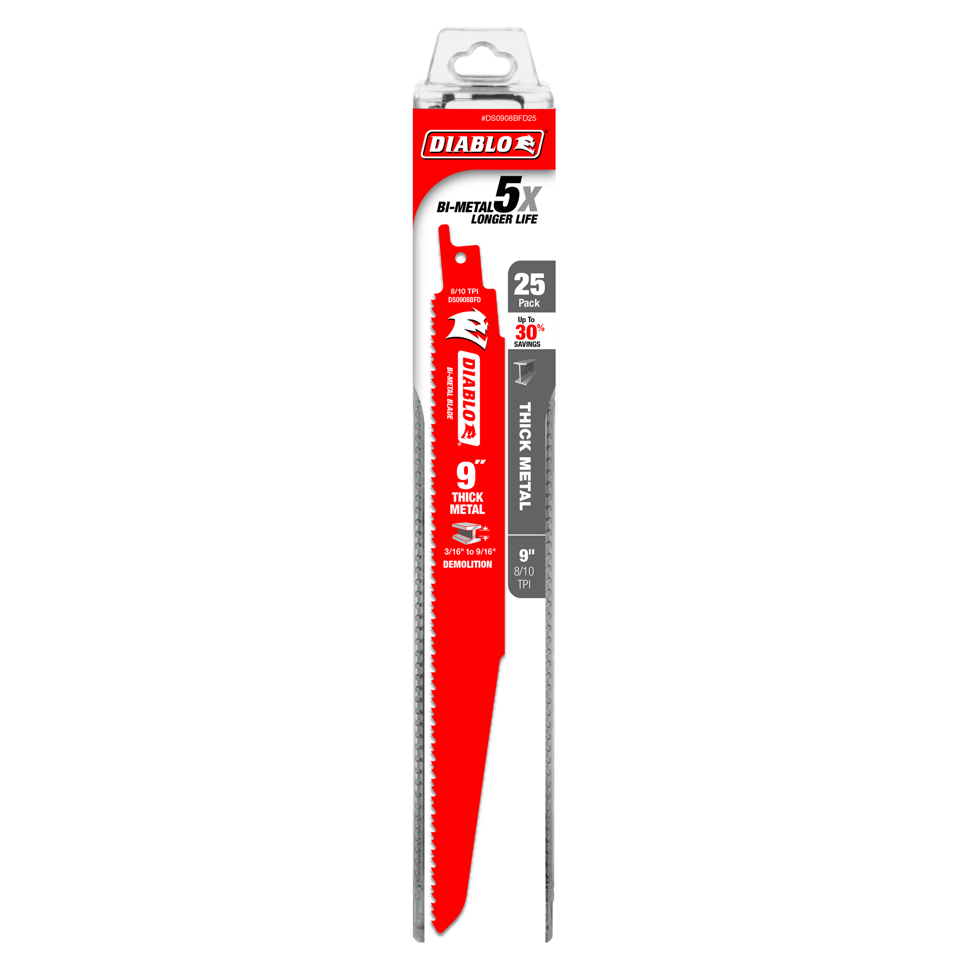Pack of 25 Diablo 9-inch bi-metal reciprocating saw blades with red handles for thick metal and demolition cutting.