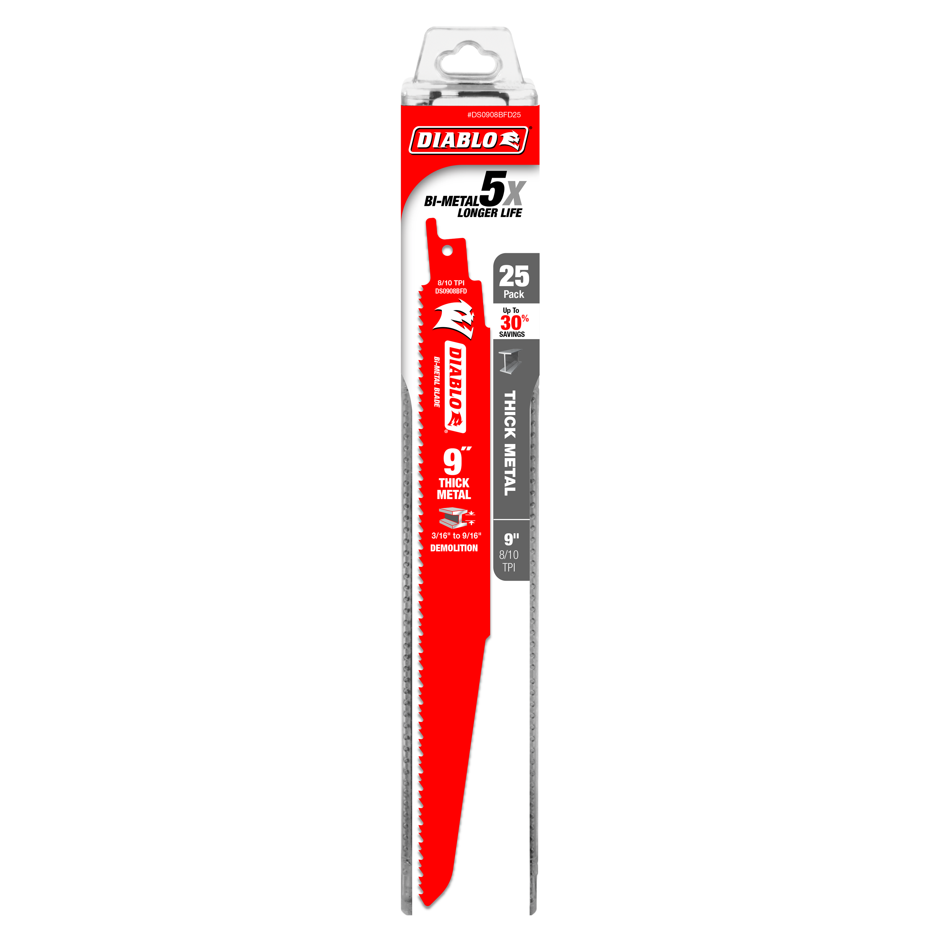 Pack of 25 Diablo 9-inch bi-metal reciprocating saw blades with red handles for thick metal and demolition cutting.