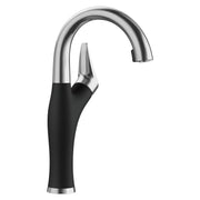 Bar faucet with curved stainless steel spout and coal black handle with single lever control.
