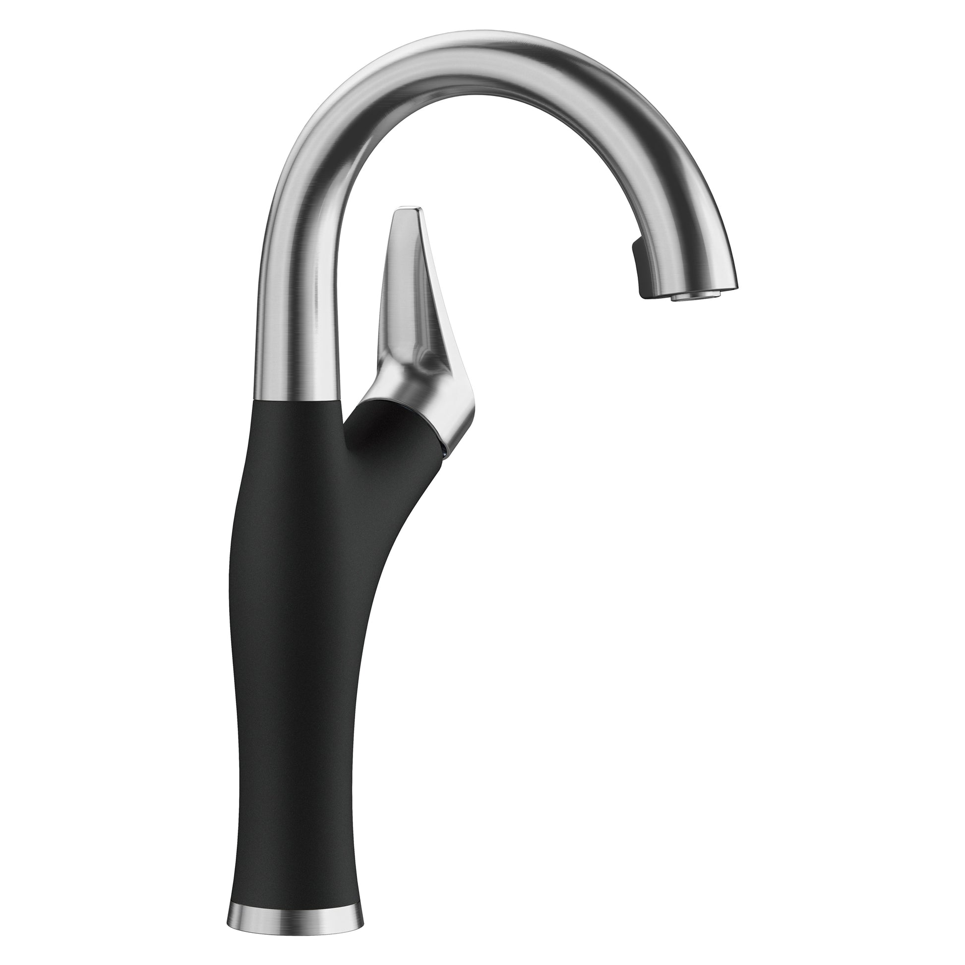 Bar faucet with curved stainless steel spout and coal black handle with single lever control.