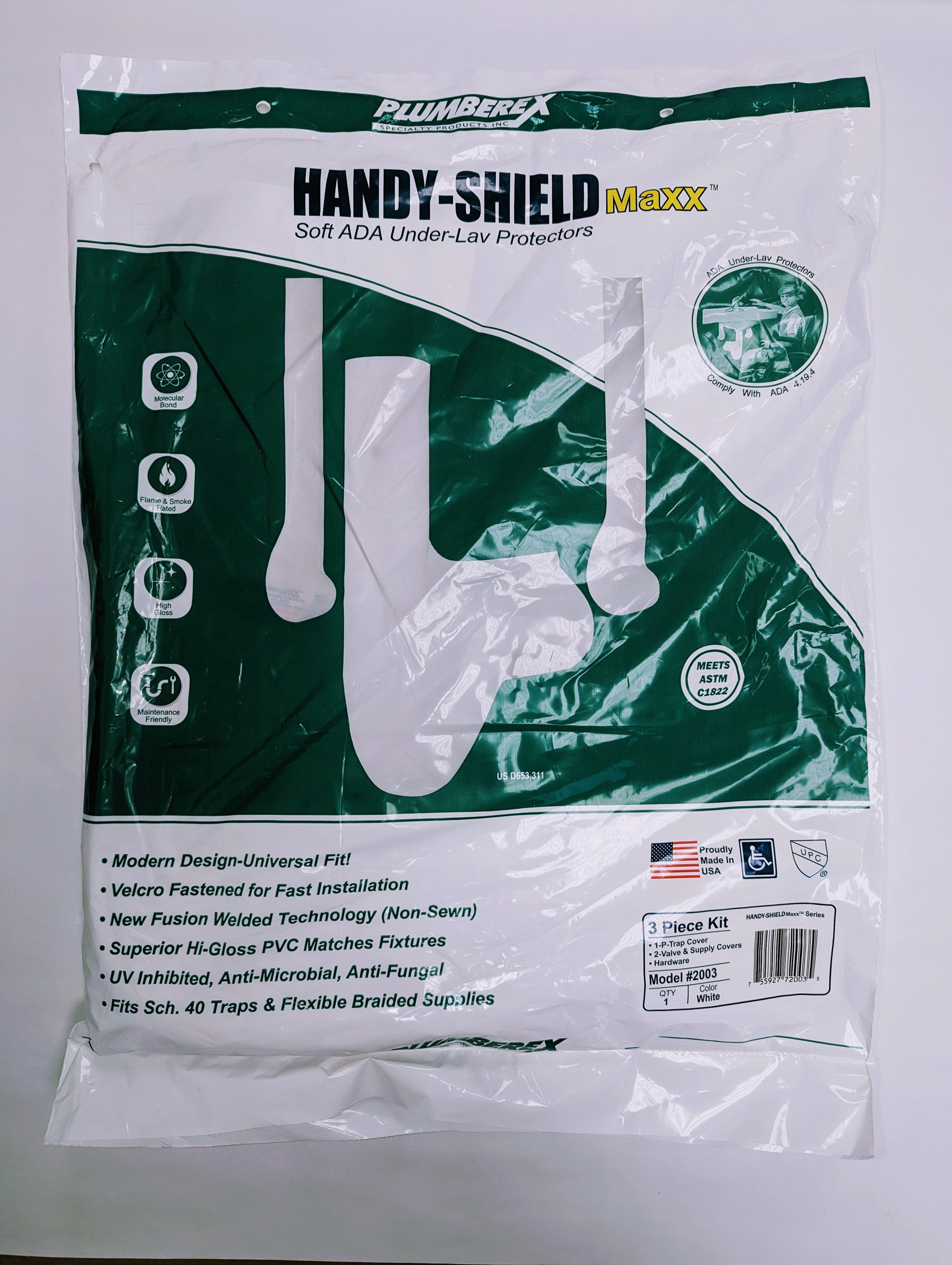 Handy-Shield Maxx white soft ADA under-sink protector covers in sealed plastic packaging with green branding and product info