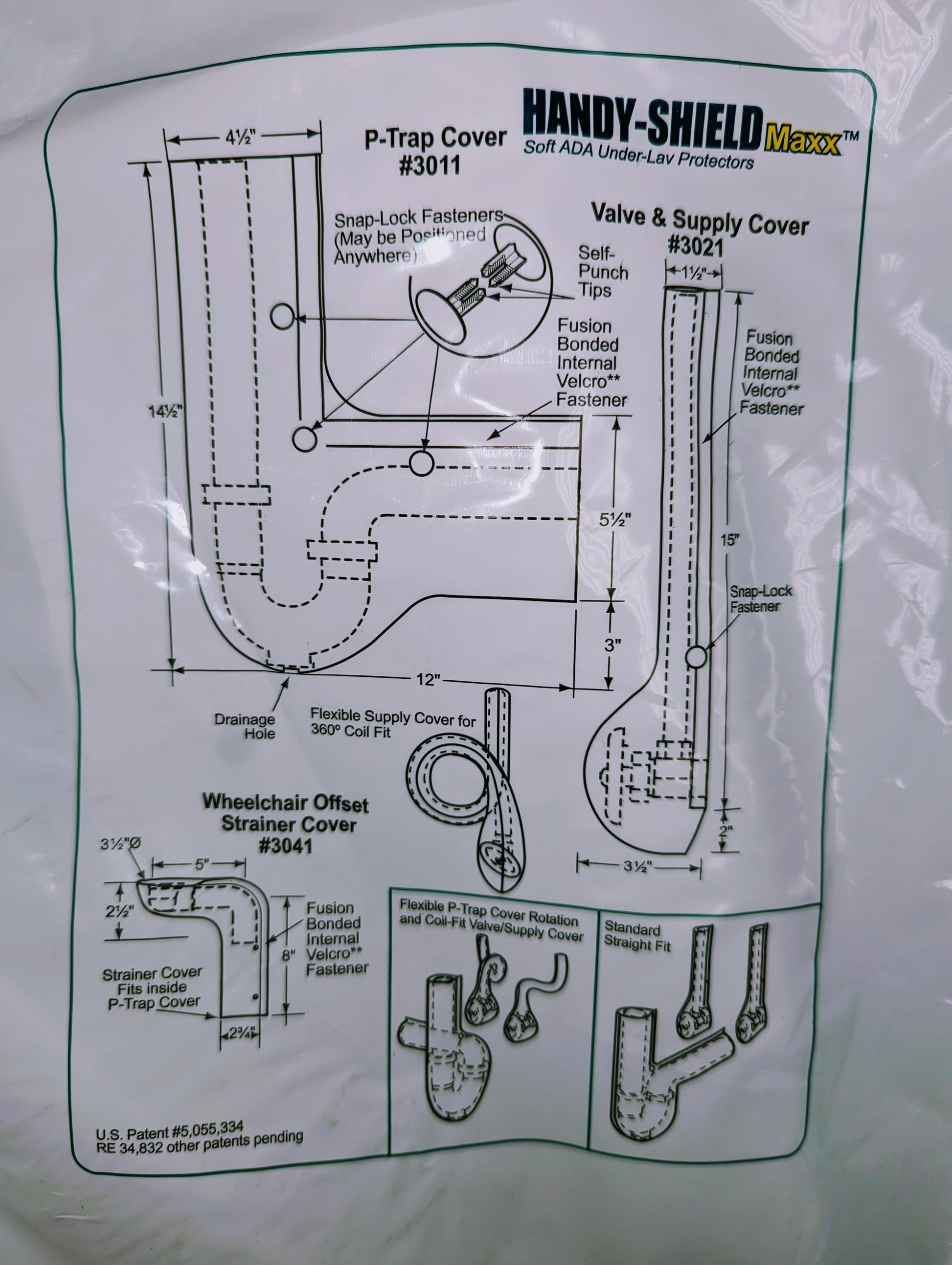 Installation instruction sheet for Handy-Shield Maxx trap and supply line covers with technical diagrams and measurements.