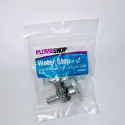 Chrome angled PEX barb connector with 1/2 inch and 3/8 inch ports in clear plastic packaging.