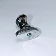 Chrome angle valve with hexagonal nut connector at top and circular escutcheon plate at base with adjustment screw.