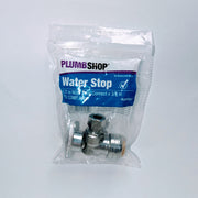 Plumbshop Water Stop angle valve with 1/2 inch NOM push connect and 3/8 inch OD compression fitting in clear retail packaging