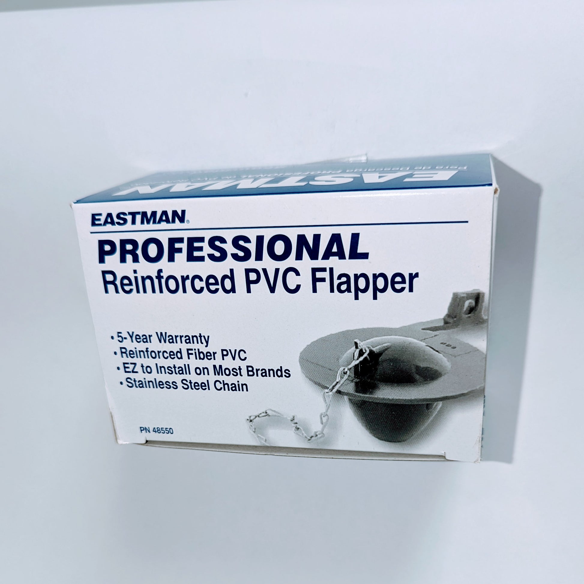 Eastman Professional reinforced PVC flapper with stainless steel chain in retail packaging box.