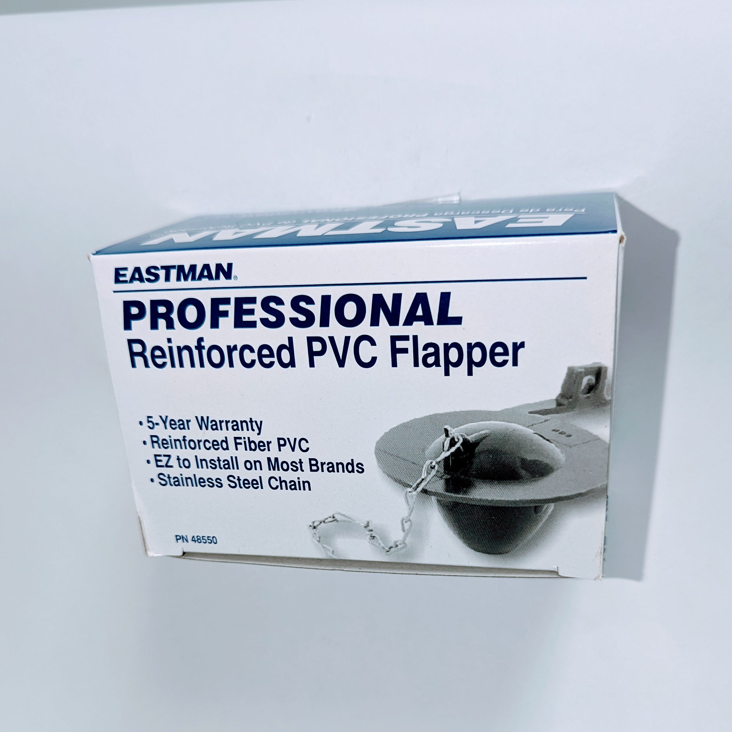 Eastman Professional reinforced PVC flapper with stainless steel chain in retail packaging box.