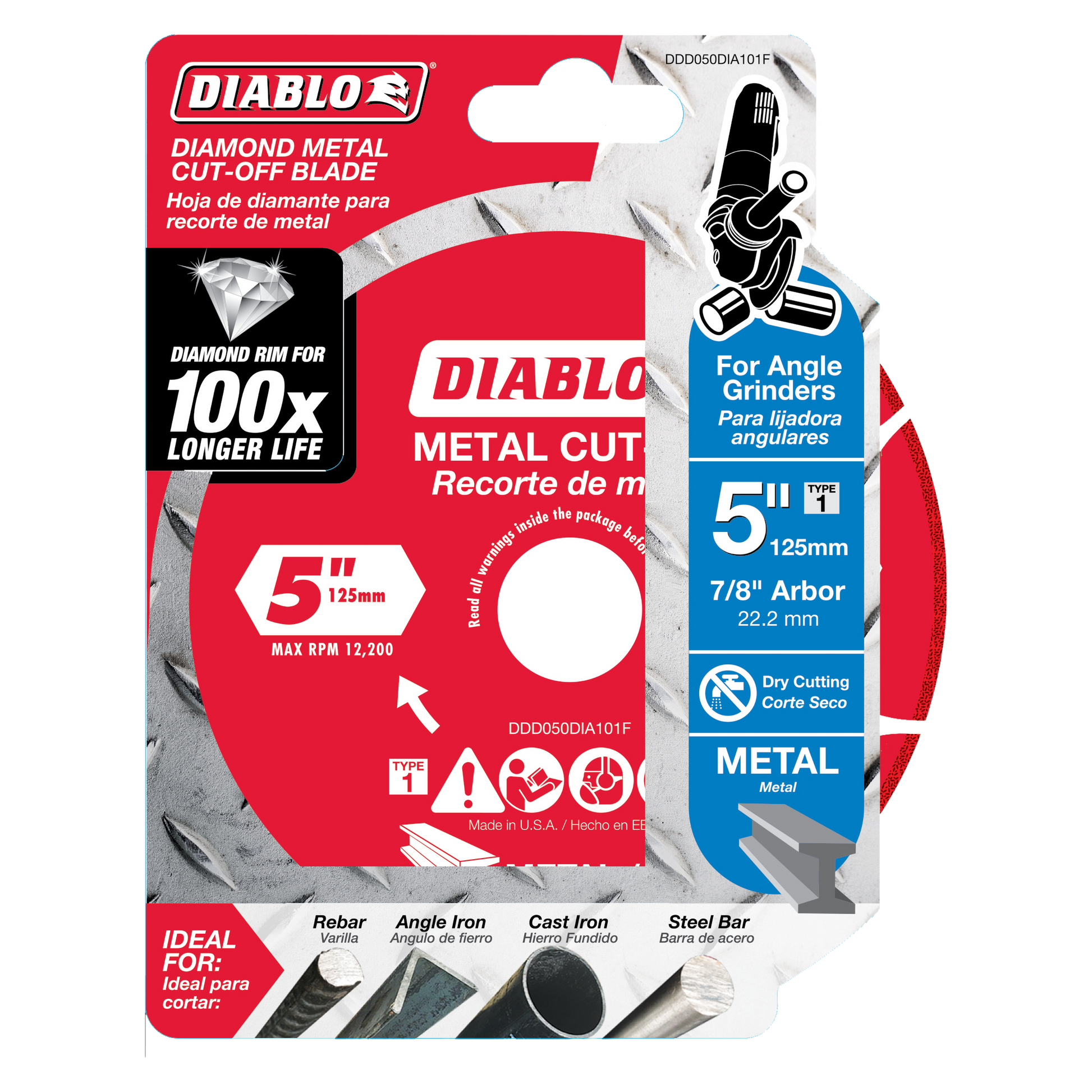 5-inch Diablo diamond metal cut-off blade with 7/8-inch arbor in red and blue packaging for angle grinders.