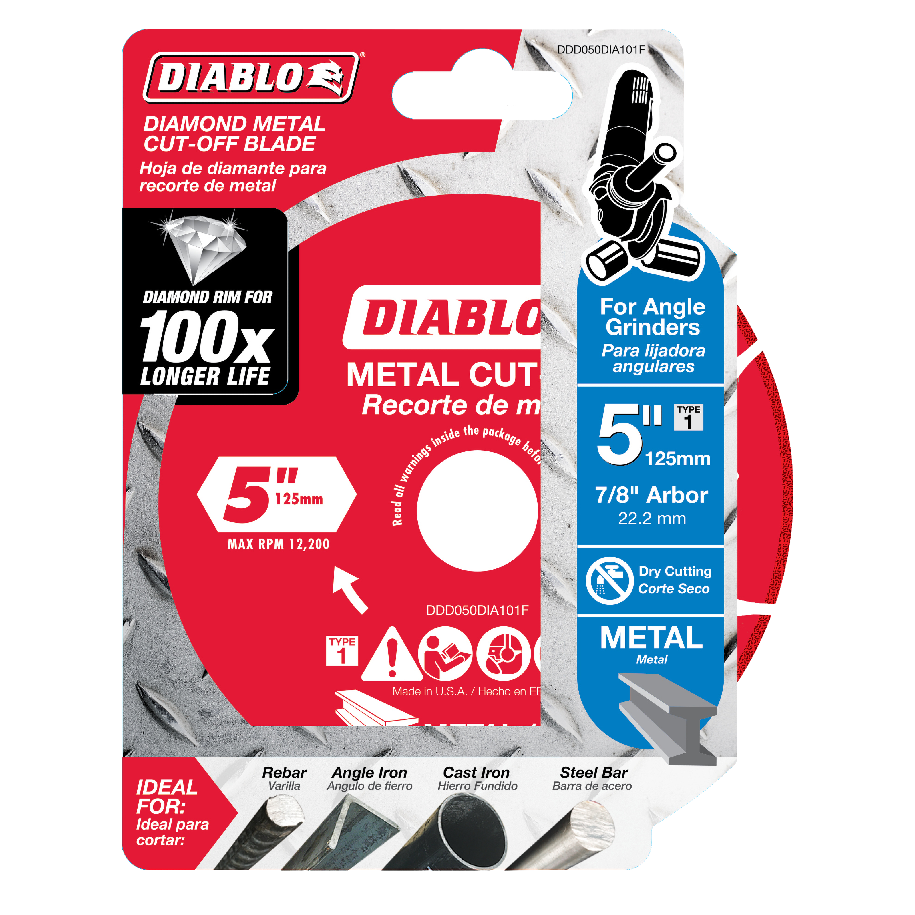 5-inch Diablo diamond metal cut-off blade with 7/8-inch arbor in red and blue packaging for angle grinders.