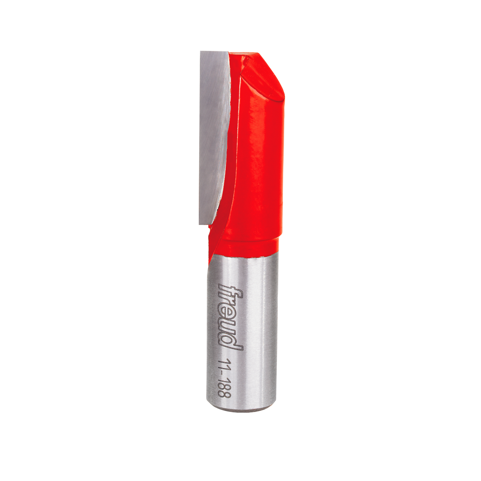 Freud 11-188 straight router bit with red plastic head and metallic silver shaft, single flute cutting edge visible.