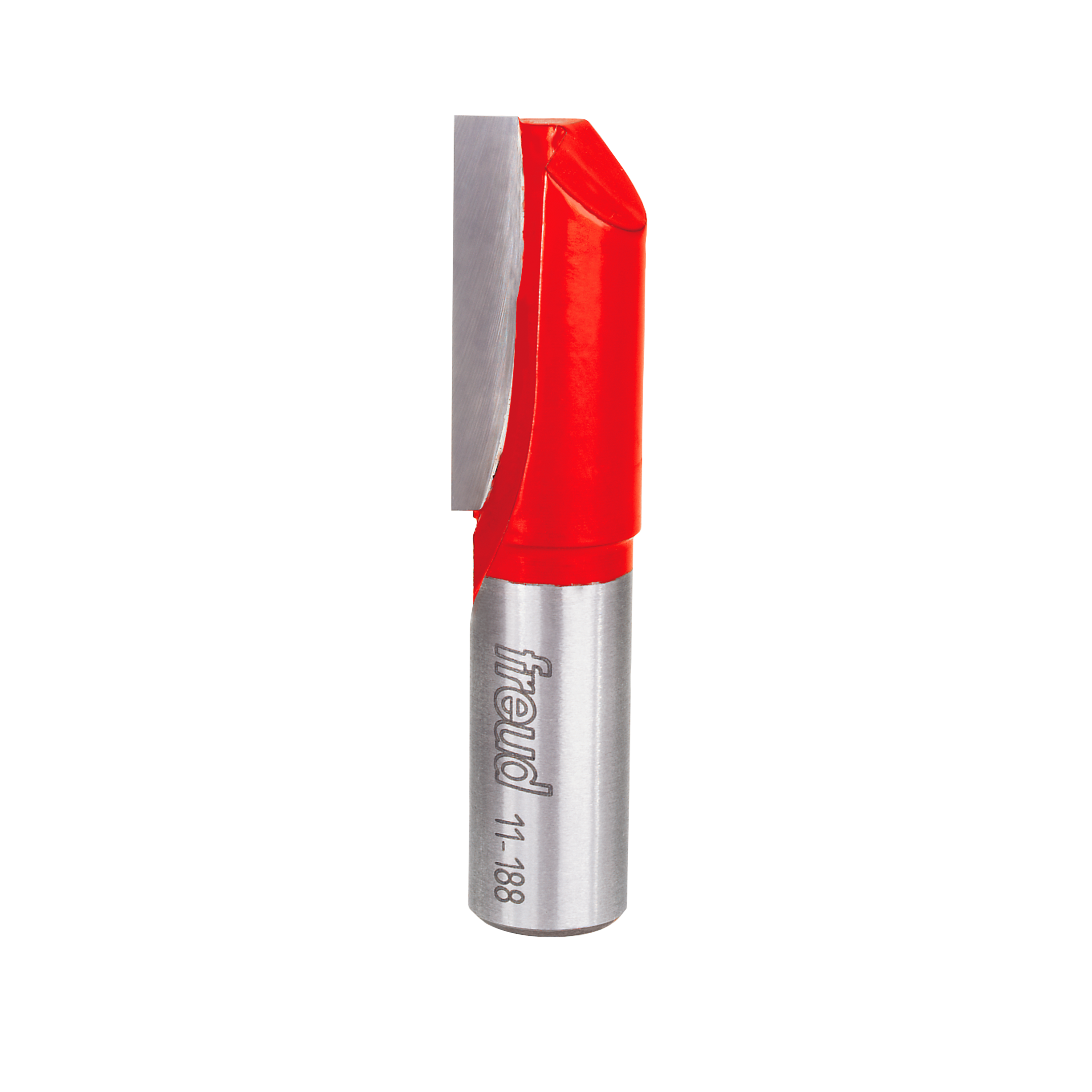 Freud 11-188 straight router bit with red plastic head and metallic silver shaft, single flute cutting edge visible.
