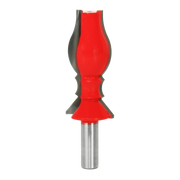 Red and gray crown molding router bit with shaped cutting edges on metal shank.