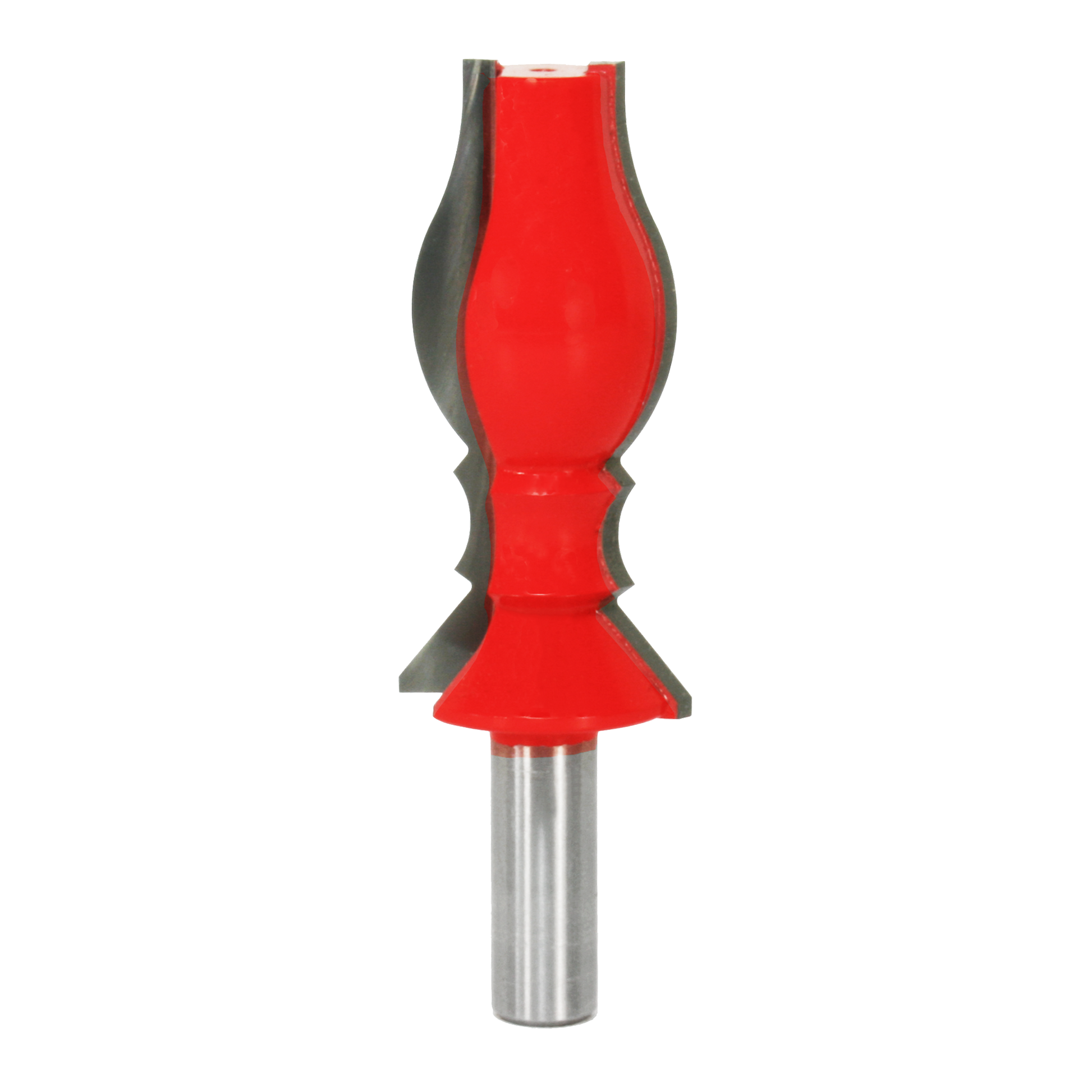 Red and gray crown molding router bit with shaped cutting edges on metal shank.