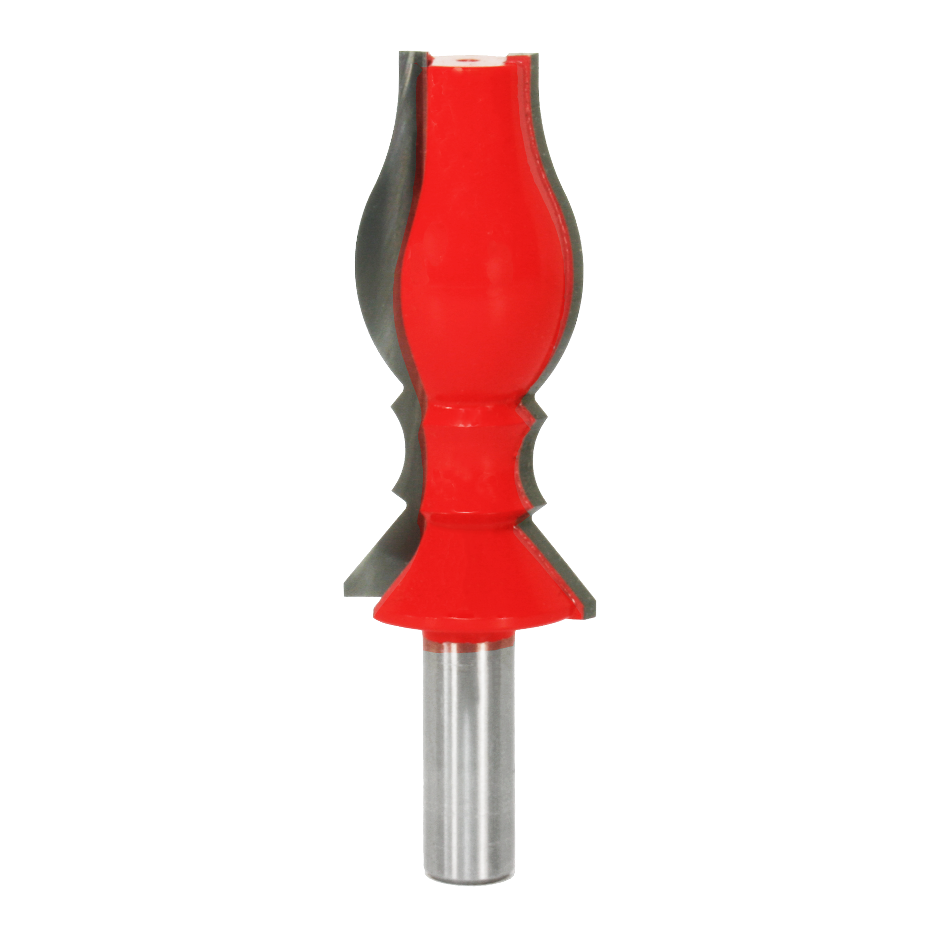 Red and gray crown molding router bit with shaped cutting edges on metal shank.