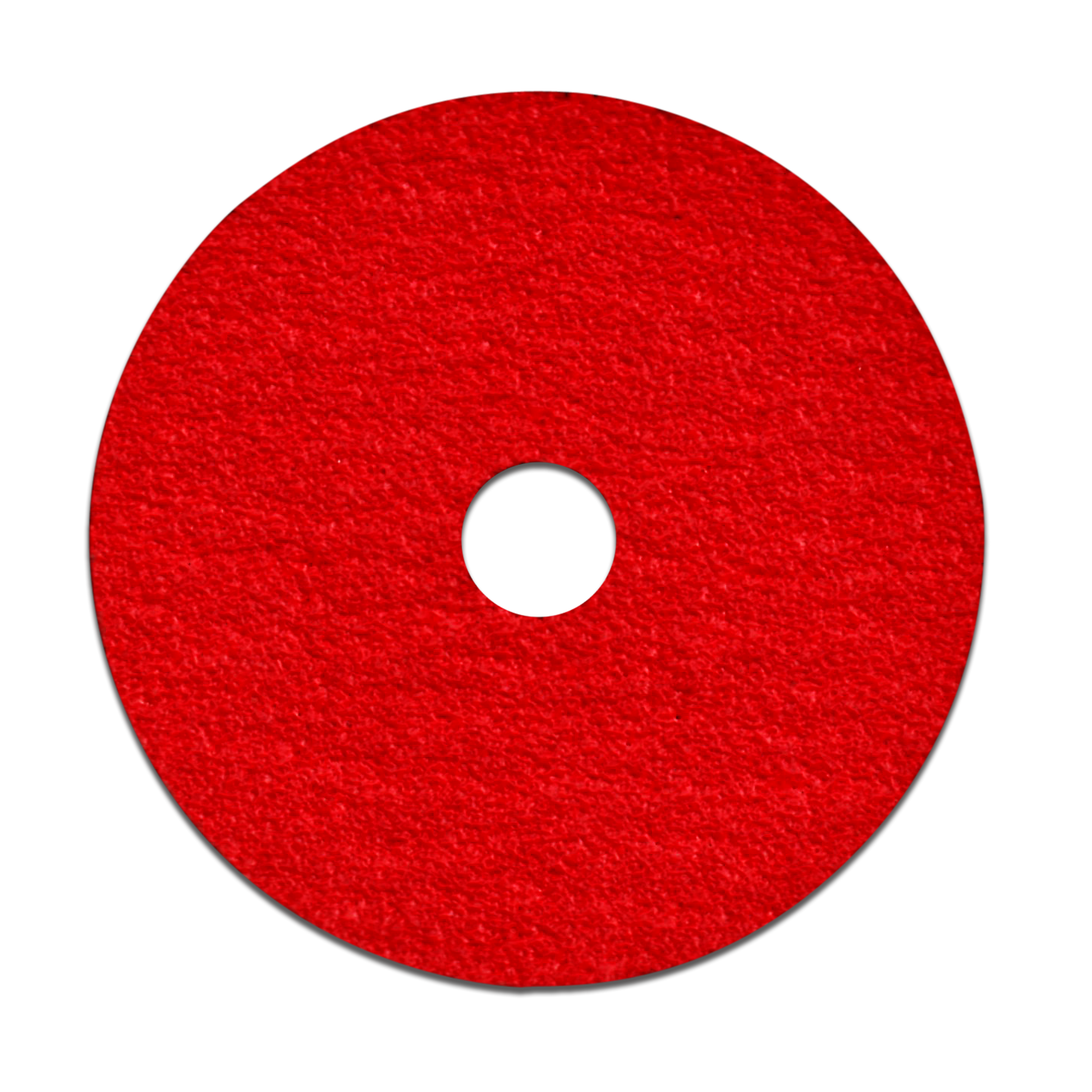 Red fiber disc with center hole and textured abrasive surface.