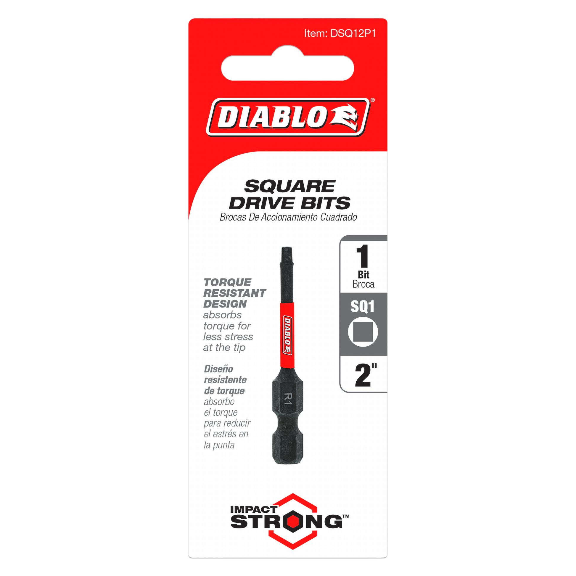 Black and red Diablo #1 square drive bit, 2 inches long, displayed on red and white packaging card.