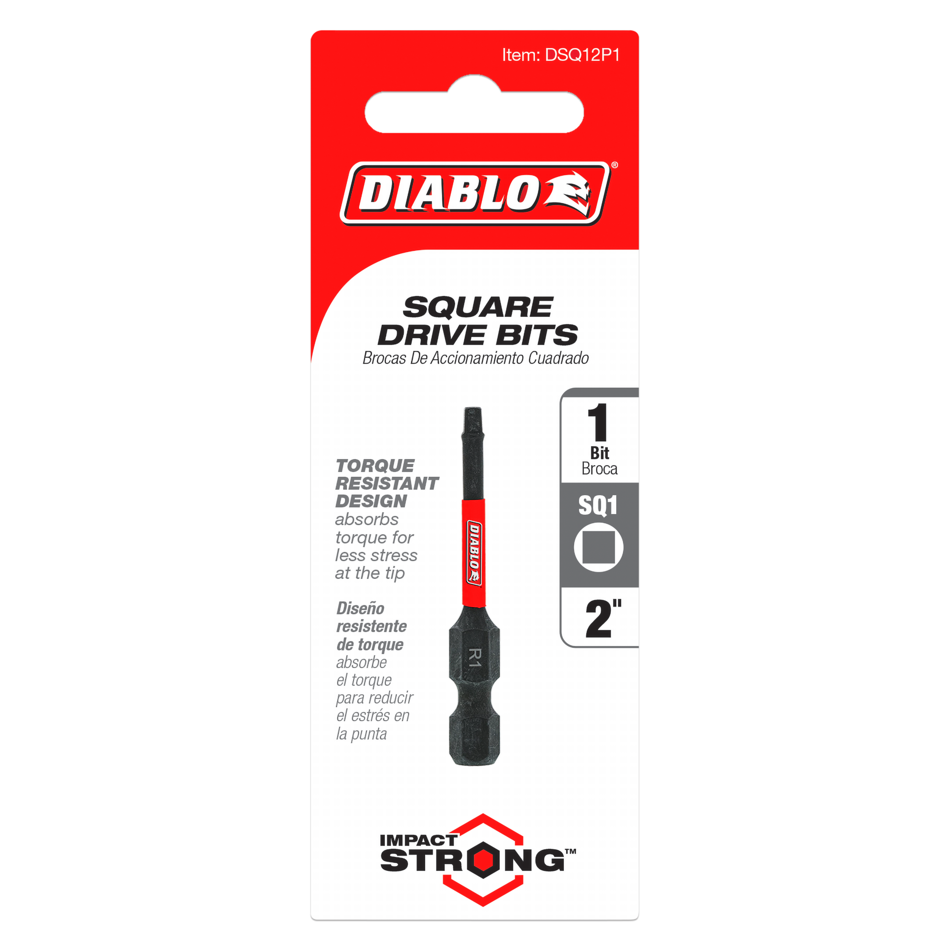 Black and red Diablo #1 square drive bit, 2 inches long, displayed on red and white packaging card.