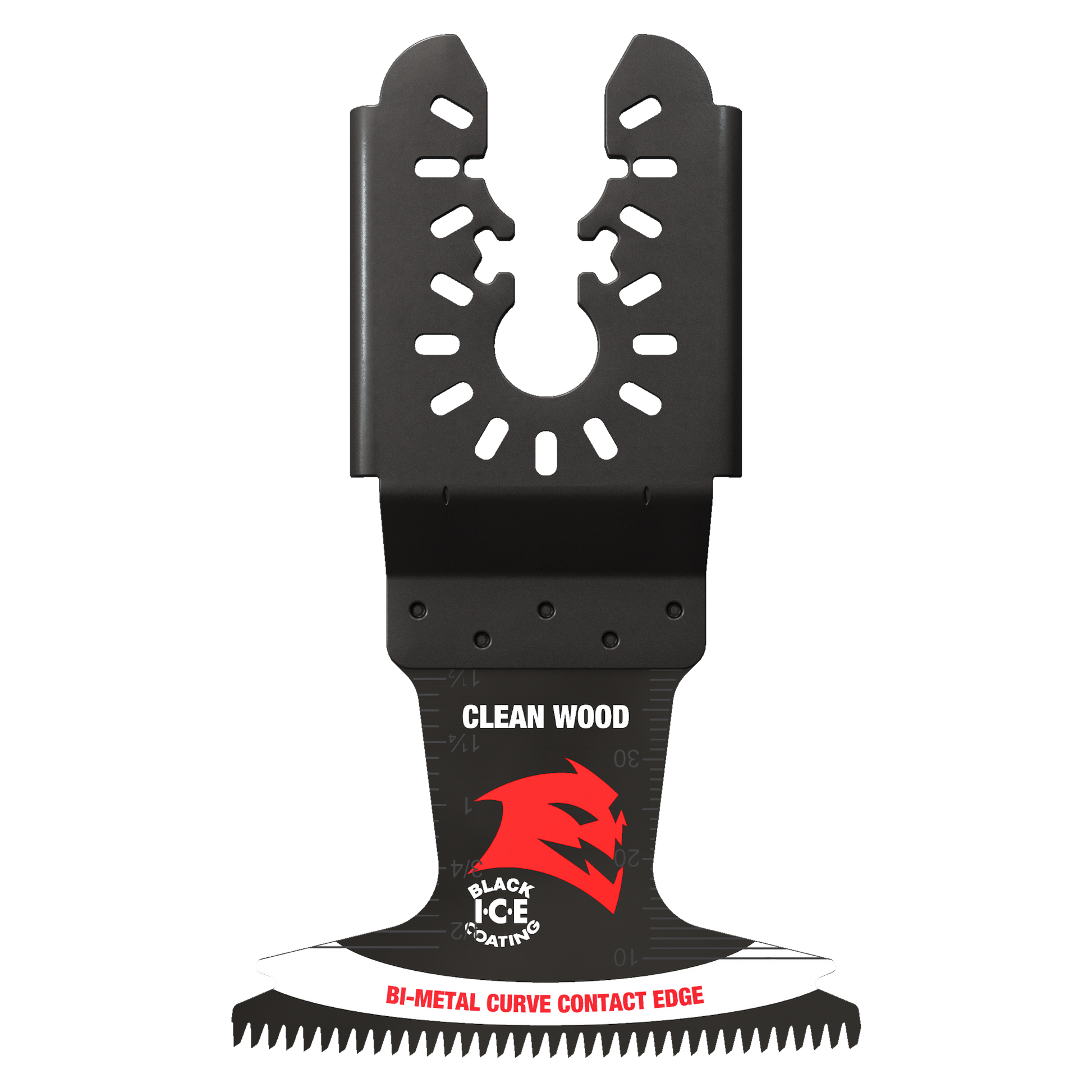 Black bi-metal oscillating blade with curved cutting edge and universal fit mounting holes for wood cutting.