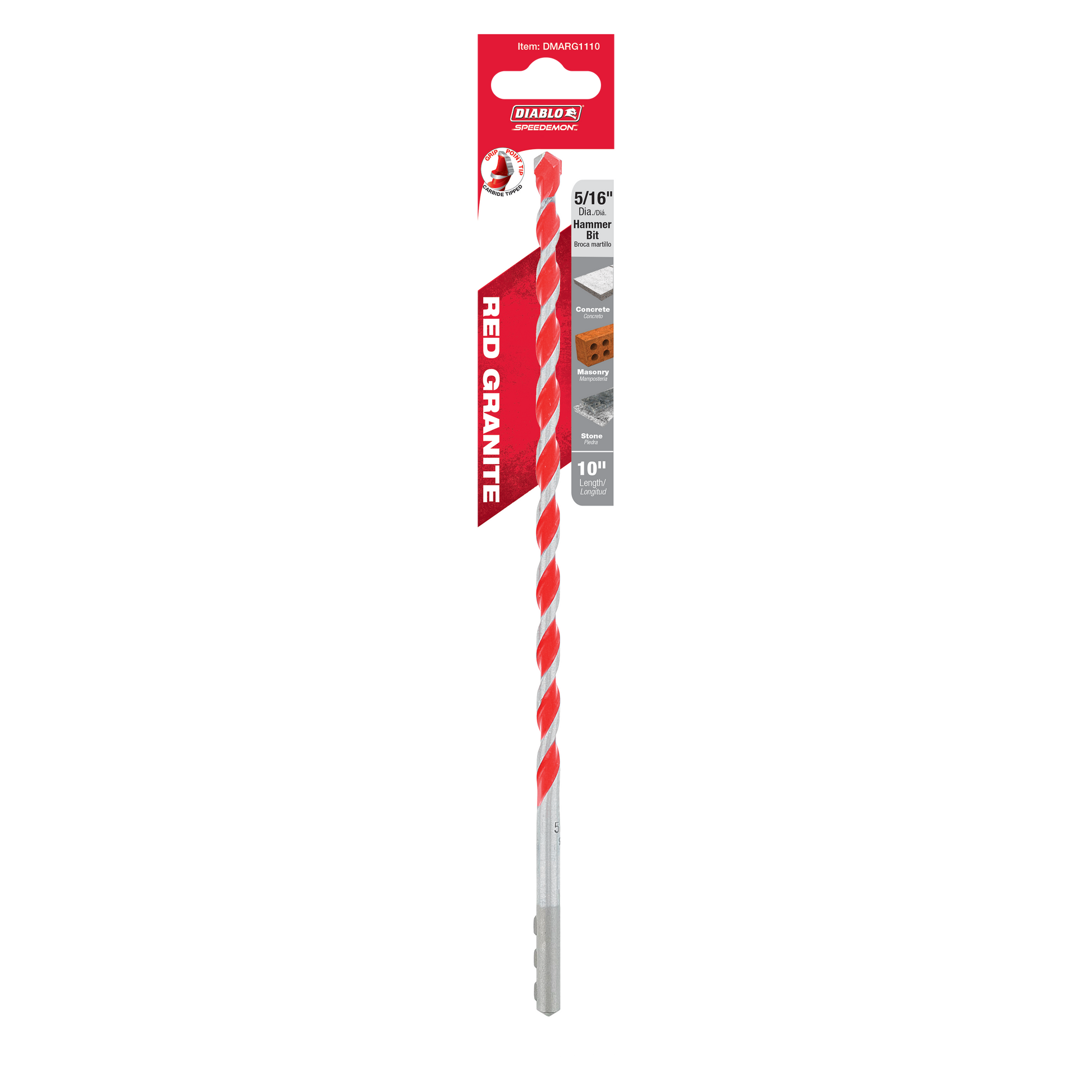 Red and gray carbide-tipped hammer drill bit with twisted flutes and SDS-plus shank, packaged in red Diablo branding.