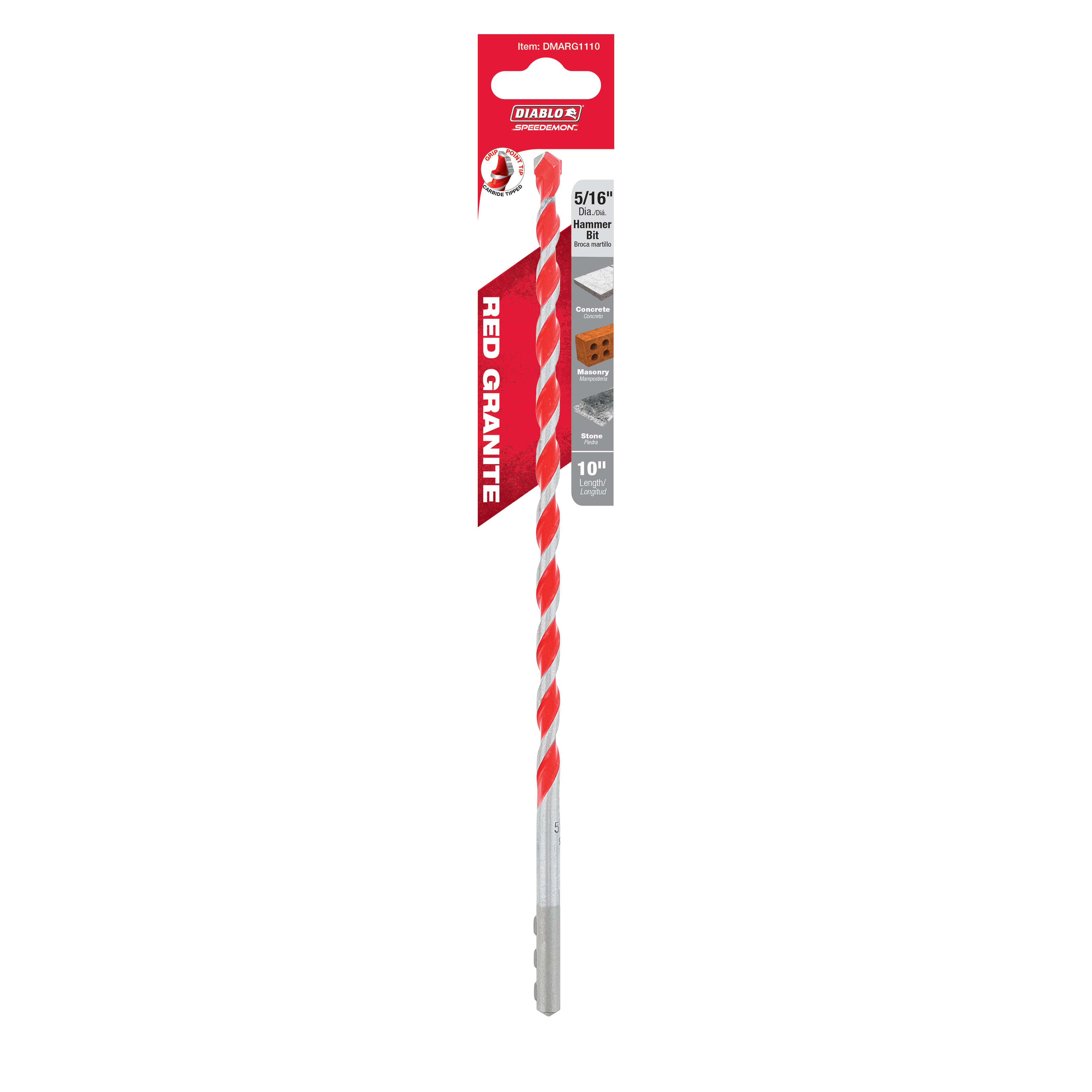 Red and gray carbide-tipped hammer drill bit with twisted flutes and SDS-plus shank, packaged in red Diablo branding.