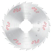 Circular saw blade with carbide-tipped teeth around the edge, white center hole, and red wavy markings on the silver steel su
